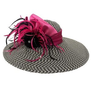 Whittall and Shon Black & Tan Large Brim Hat Large Pink Bow, Flower, &‎ Feathers